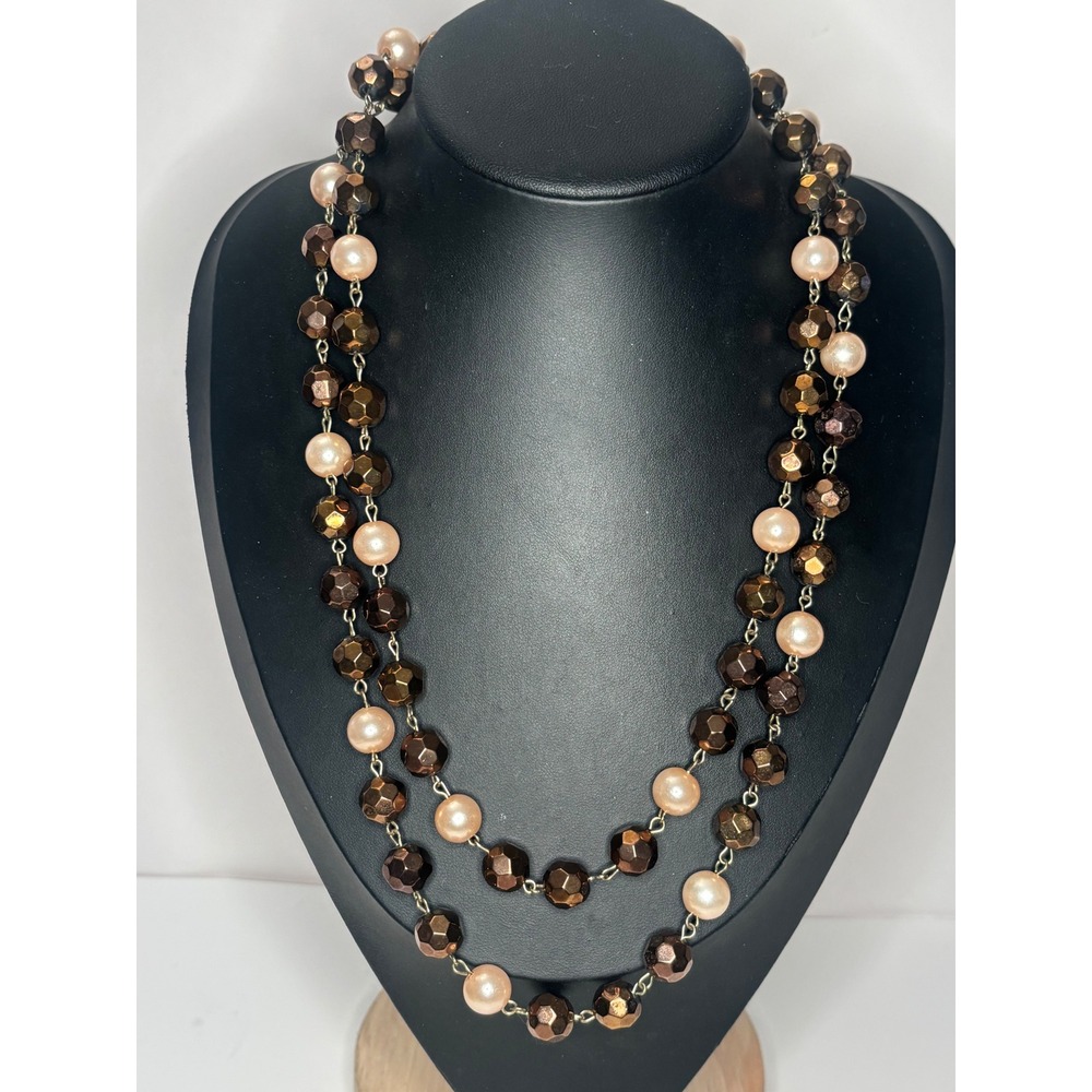 Vintage Flapper 42in Necklace Metallic Bronze Faceted & Champagne Pearl Beads